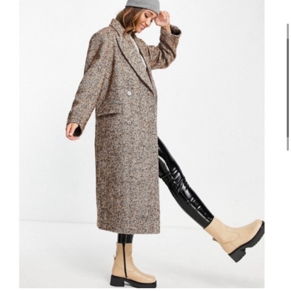 NWOT ASOS DESIGN Smart Herringbone Pea Coat Long Dad Coat Brown Boxy Oversized - Picture 3 of 12